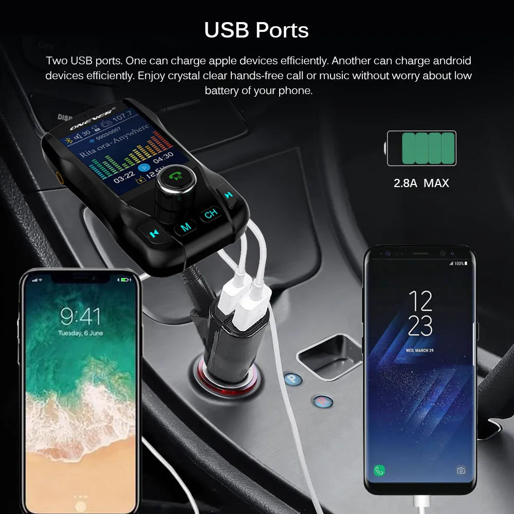 Black car Bluetooth FM transmitter with colour screen and dual USB ports plugged into a vehicle power socket.
