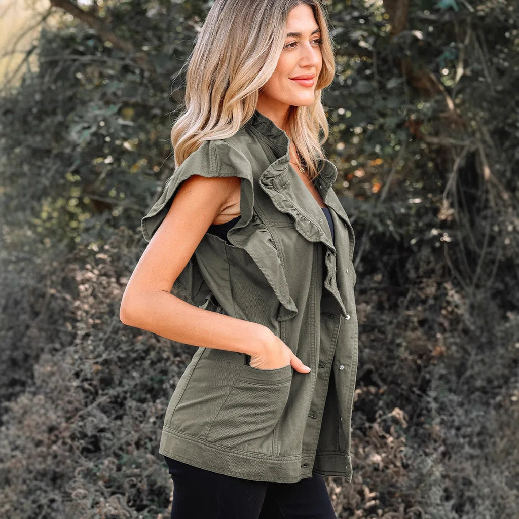 Green Bay ruffled patchwork denim jacket vest for women made from 100% cotton