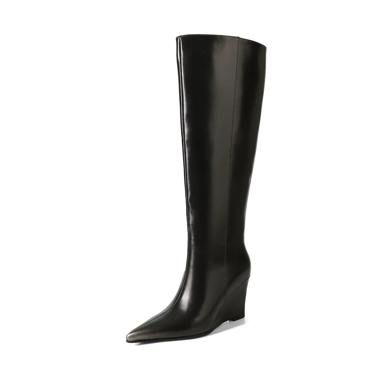 Cowhide wedge high heel boots pointed toe long boots black rubber sole 6-8CM