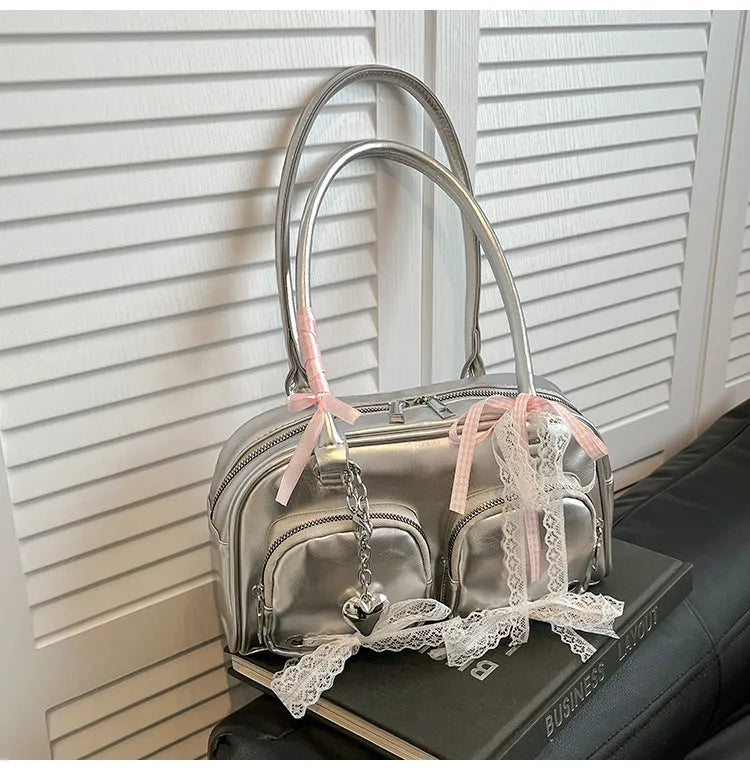 Soft PU casual shoulder bag with horizontal square shape and dual straps in beige colour
