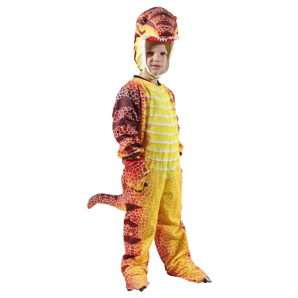 Child wearing a green Jurassic dinosaur Halloween costume with a tail and hood.