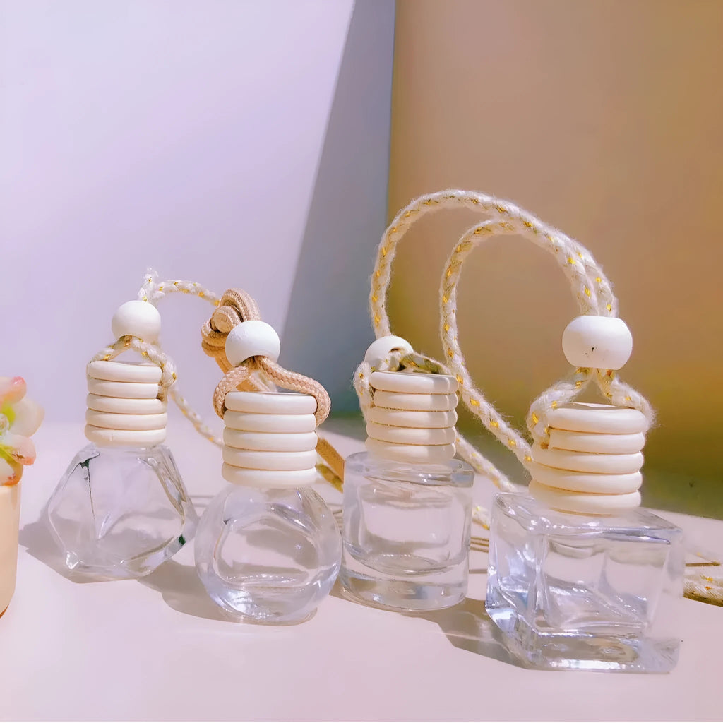 Glass bottle car perfume pendant in cylinder, diamond, flat drum, and square styles with 8ml or 6ml capacity