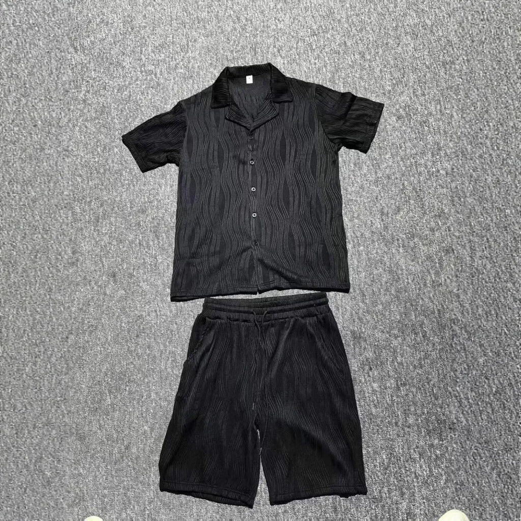 Men's black wave pattern short sleeve shorts suit for summer casual wear