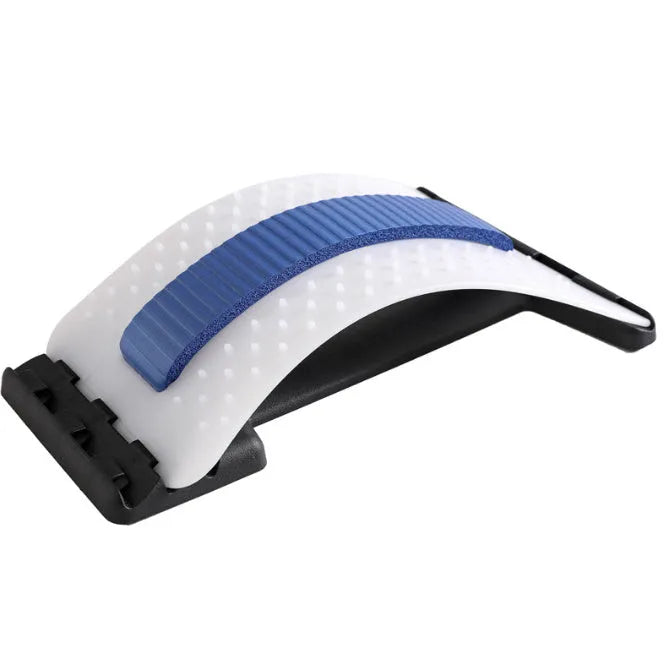 Adjustable back stretcher and waist massager with multiple massage heads in selectable colours.