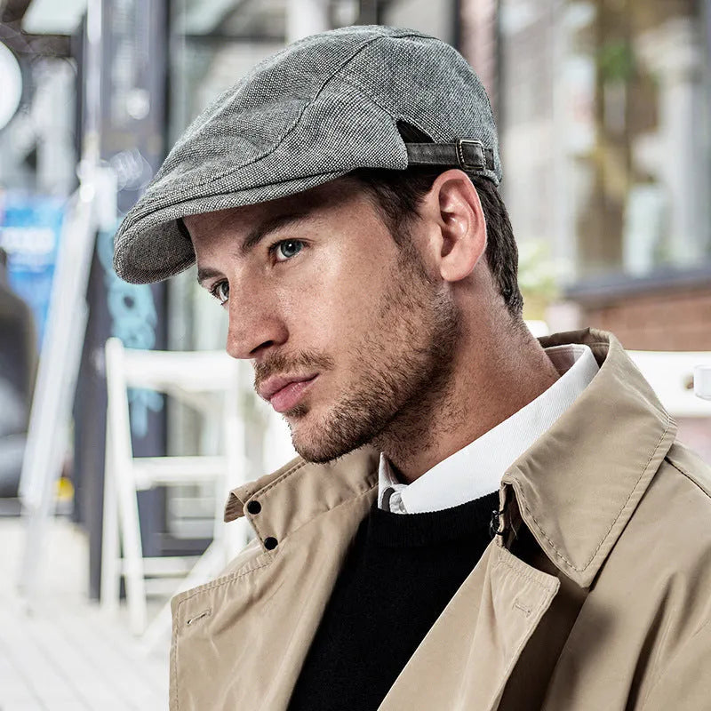Men's adjustable cotton and linen beret in dome crown style on a neutral background