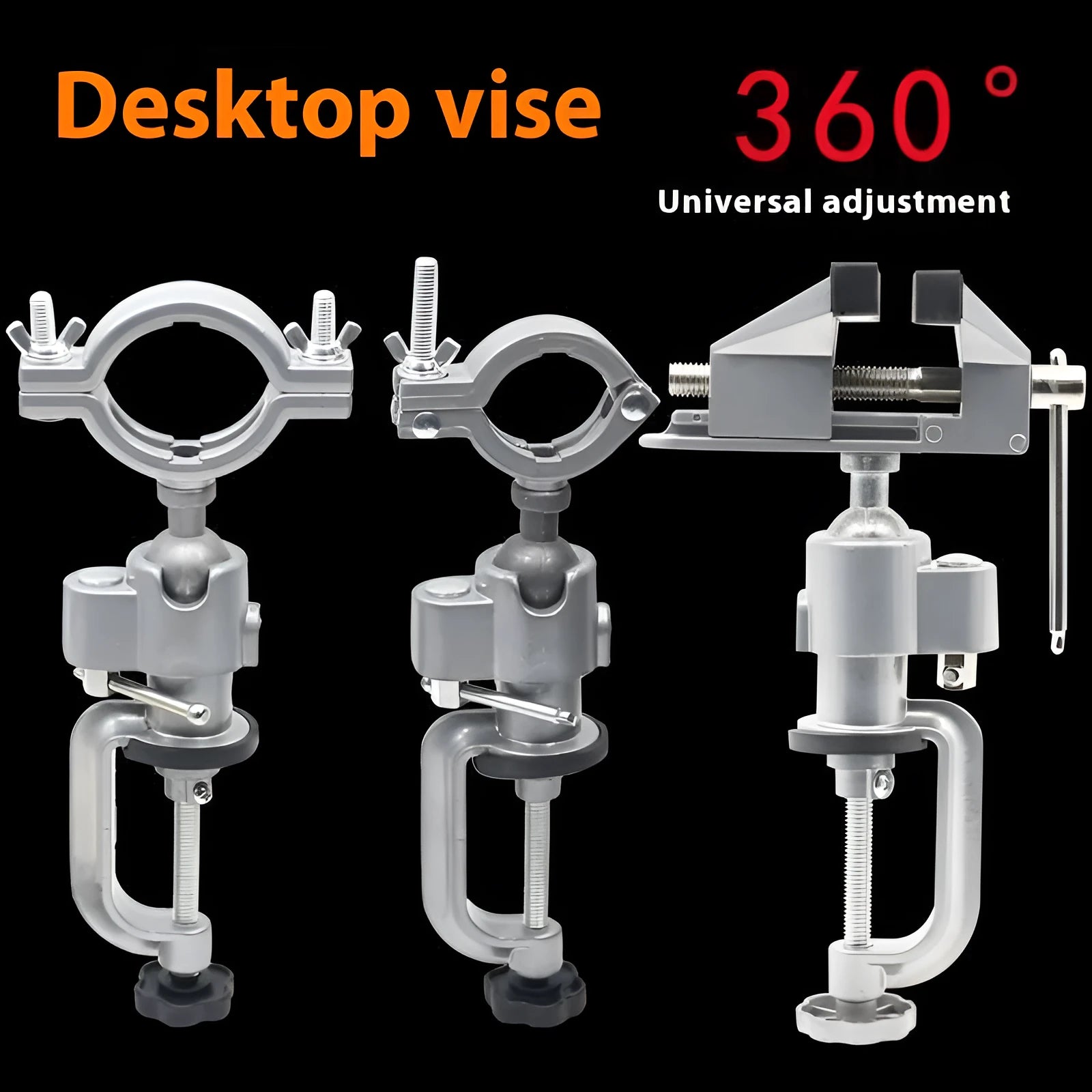 Clamp-on bench vise with a 360-degree rotating bracket and tungsten steel construction on a workbench.
