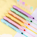 Deli S605 highlighter pens with oblique fibre tips in macaron colours on a notebook