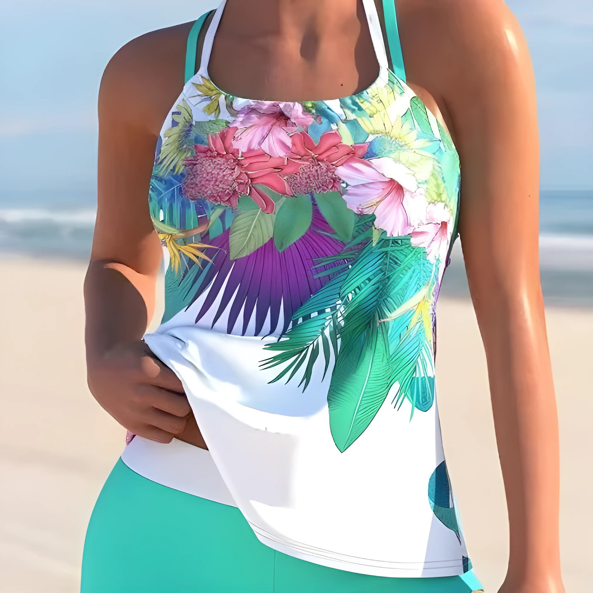 Large floral pattern women's swimsuit in purple-red colour with chest padding, two-piece design