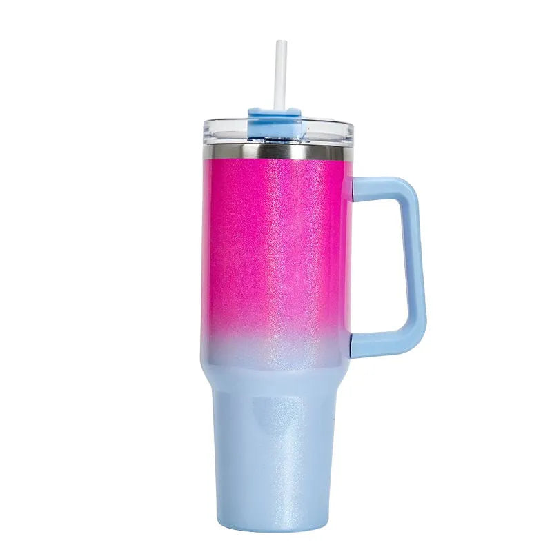 Large stainless steel vacuum insulation cup in a gradient colour, showing its scale and lid.