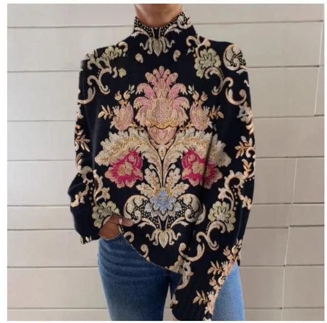 Women's black 3D pattern printed turtleneck sweater with loose fit and regular sleeves