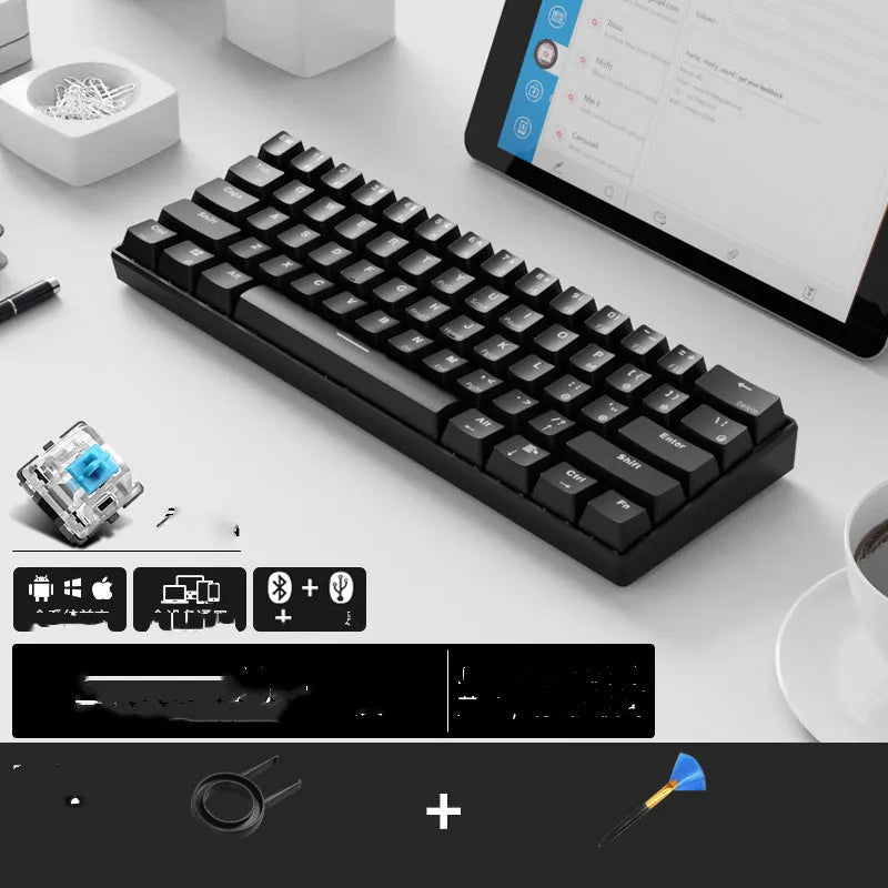 RK 61 wireless mechanical keyboard with white keycaps showing multimedia symbols, placed on a wooden desk.