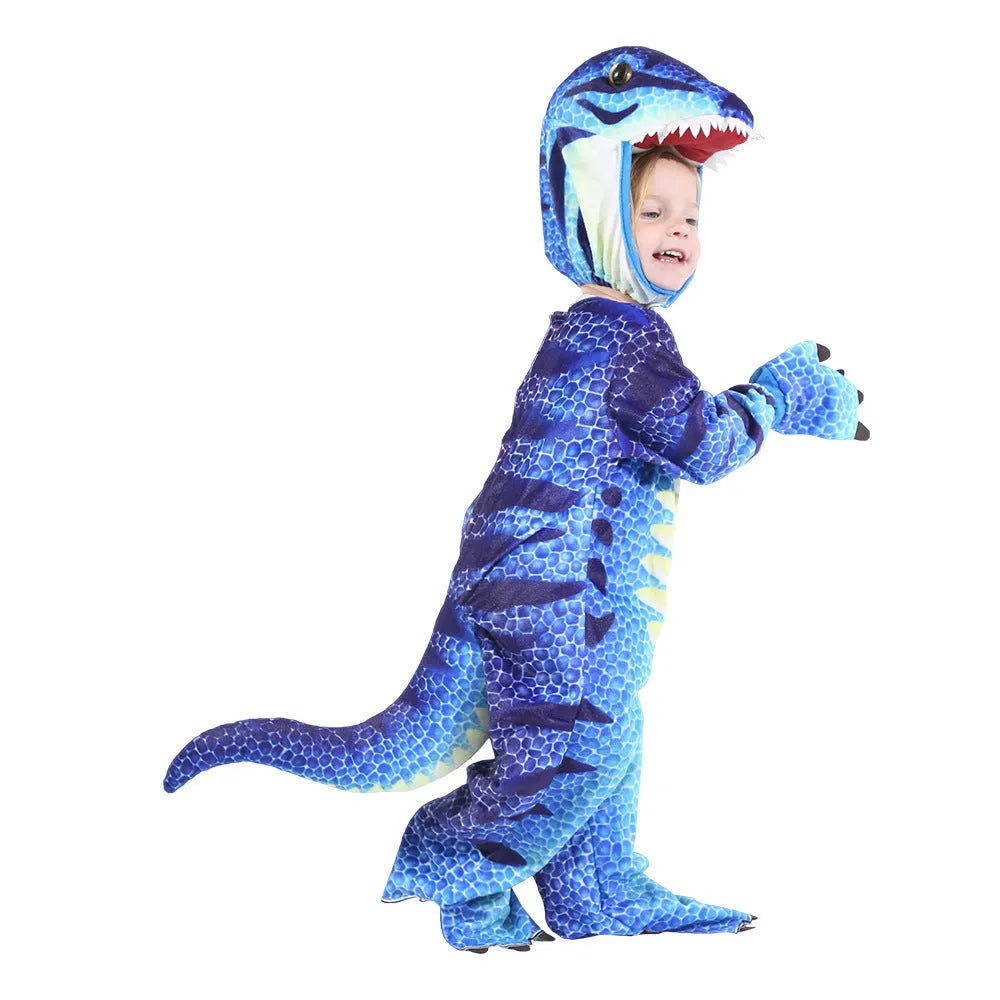 Child wearing a green Jurassic dinosaur Halloween costume with a tail and hood.