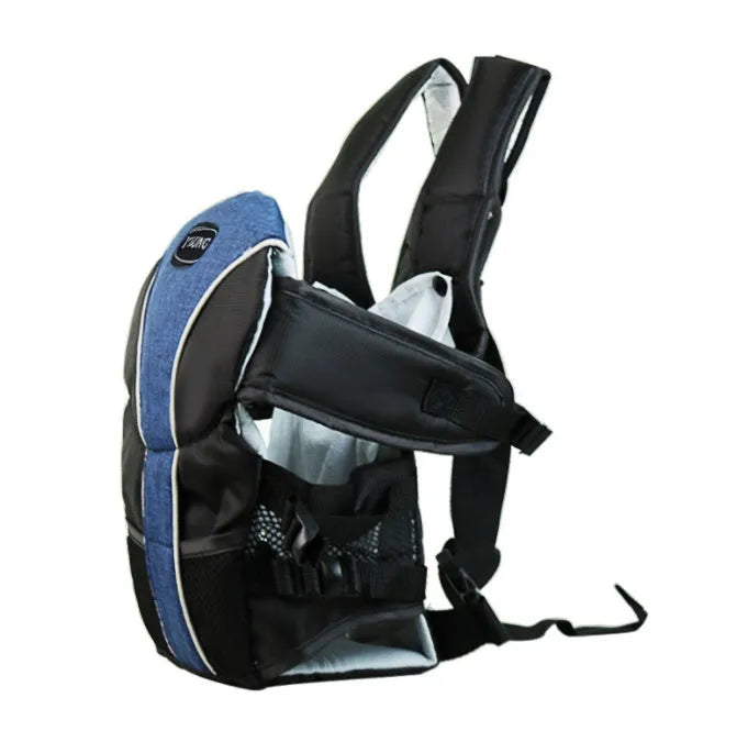 A double-shoulder baby carrier shown in red, blue, and grey, suitable for face-to-face infant carrying.