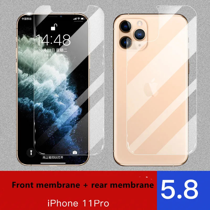 iPhone tempered glass screen protector set showing front and rear films for 11, X, and XR models.