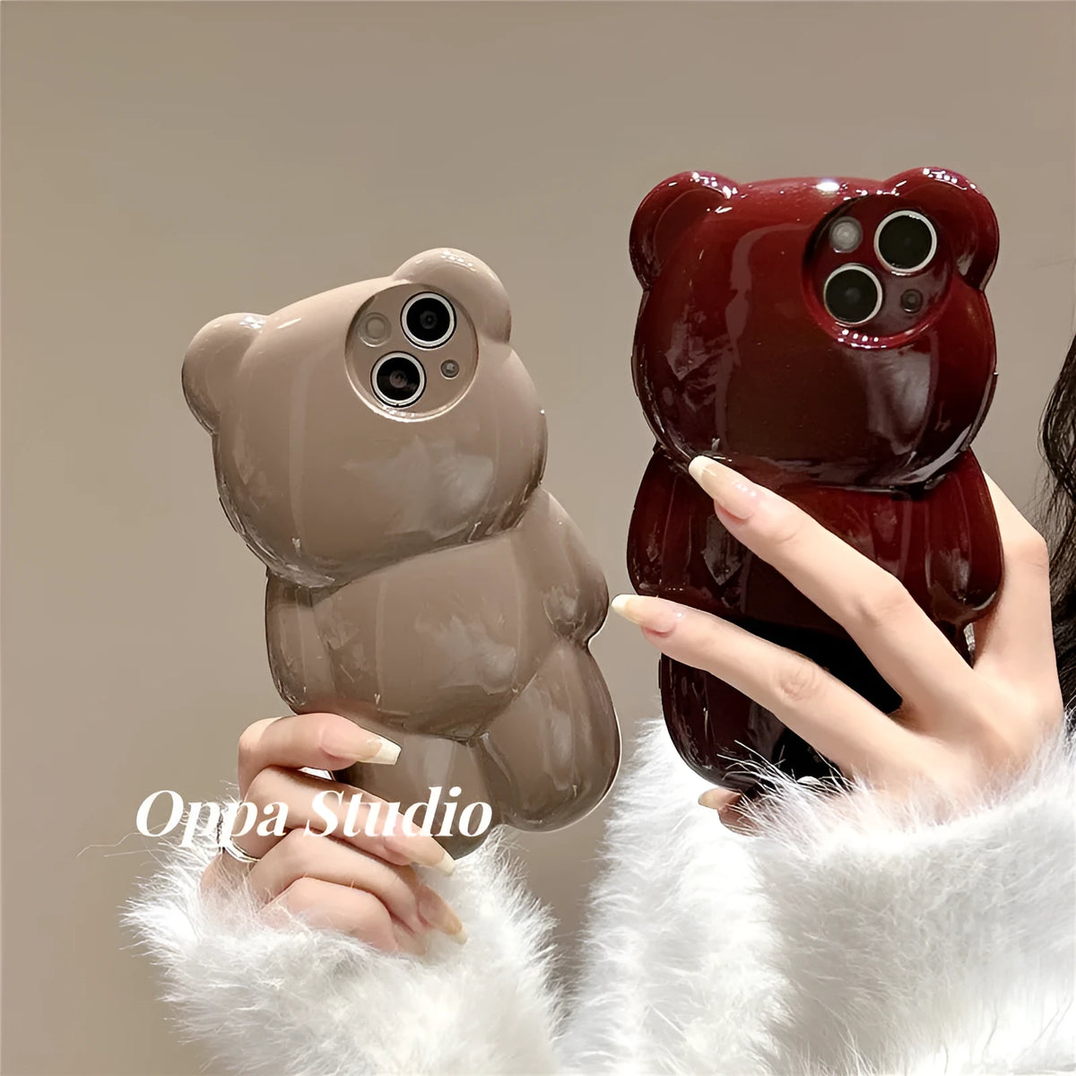 Solid colour three-dimensional bear cute anti-fall silicone phone case for iPhone 11 12 13 14 series, khaki option