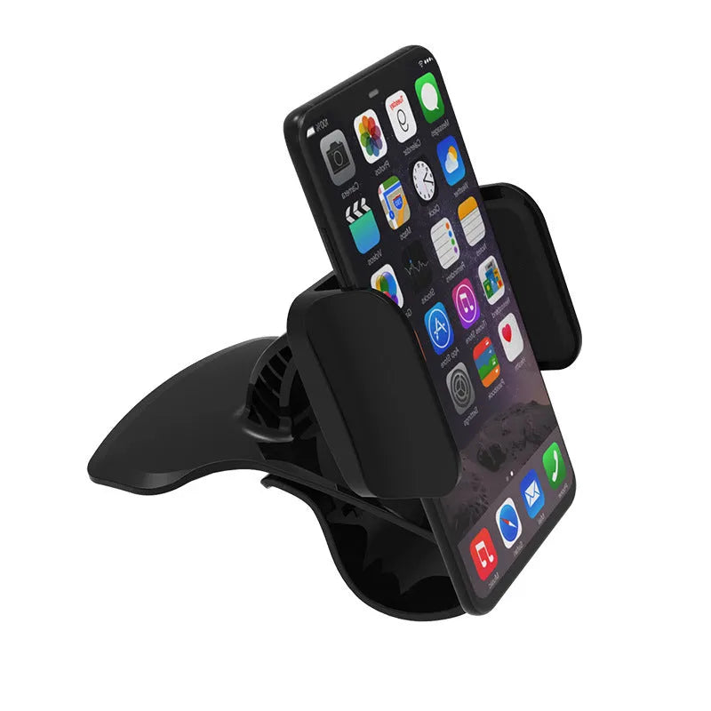 A black ABS plastic and silicone dashboard edge car phone holder mounted on a car dashboard.