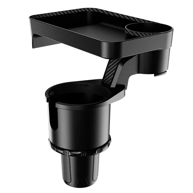 Black ABS plastic car-mounted rotating dinner tray holder with an integrated cup holder.