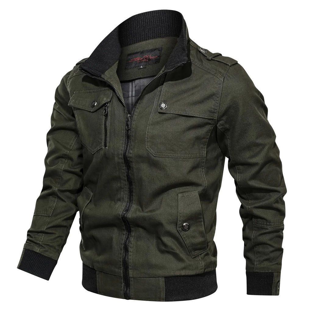 Solid colour cotton stand collar jacket for men with side pockets in black, blue, green, khaki, maroon