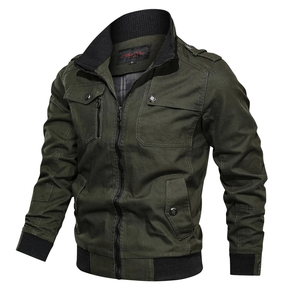 Solid colour cotton stand collar jacket for men with side pockets in black, blue, green, khaki, maroon