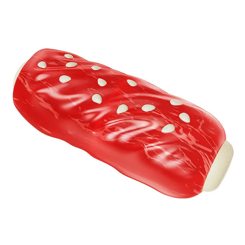 Primary colour plastic bone-shaped dog toy with a hollow treat-holding molar rod section.