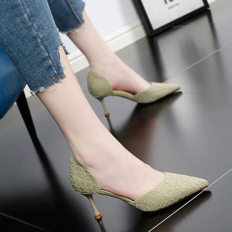 Women's black PU leather stiletto heels with pointed toe and 6-8cm heel