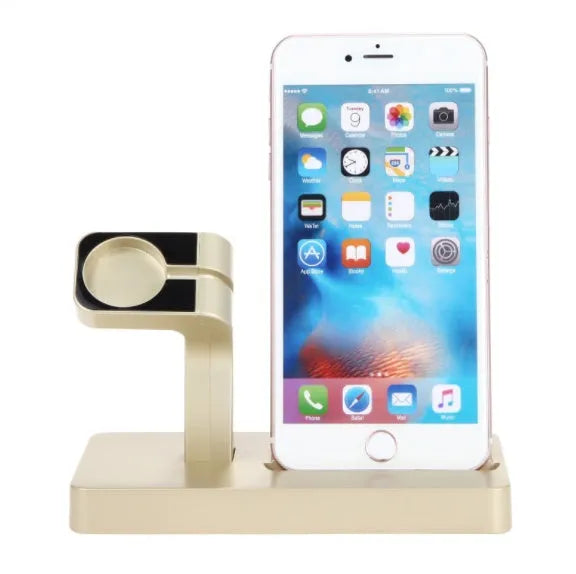 White charging dock station holding iPhone and Apple Watch with cable