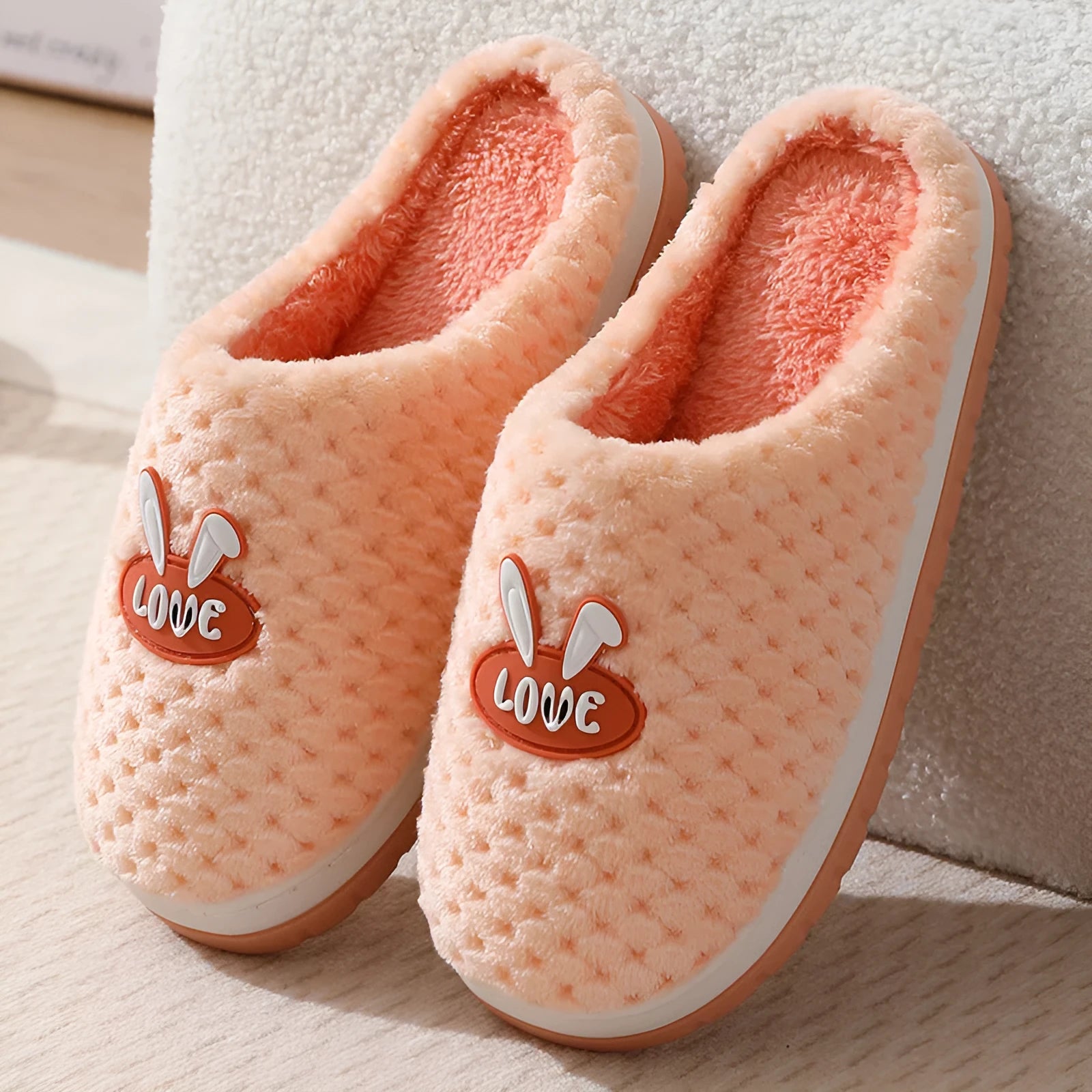 Women's rabbit plaid design plush house slippers with artificial fur upper and rubber non-slip soles