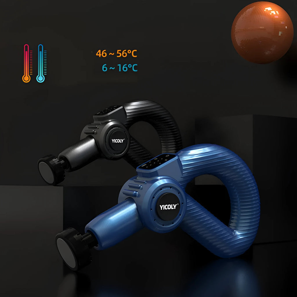 Black intelligent muscle massage gun with multiple massage heads for hot and cold compress therapy