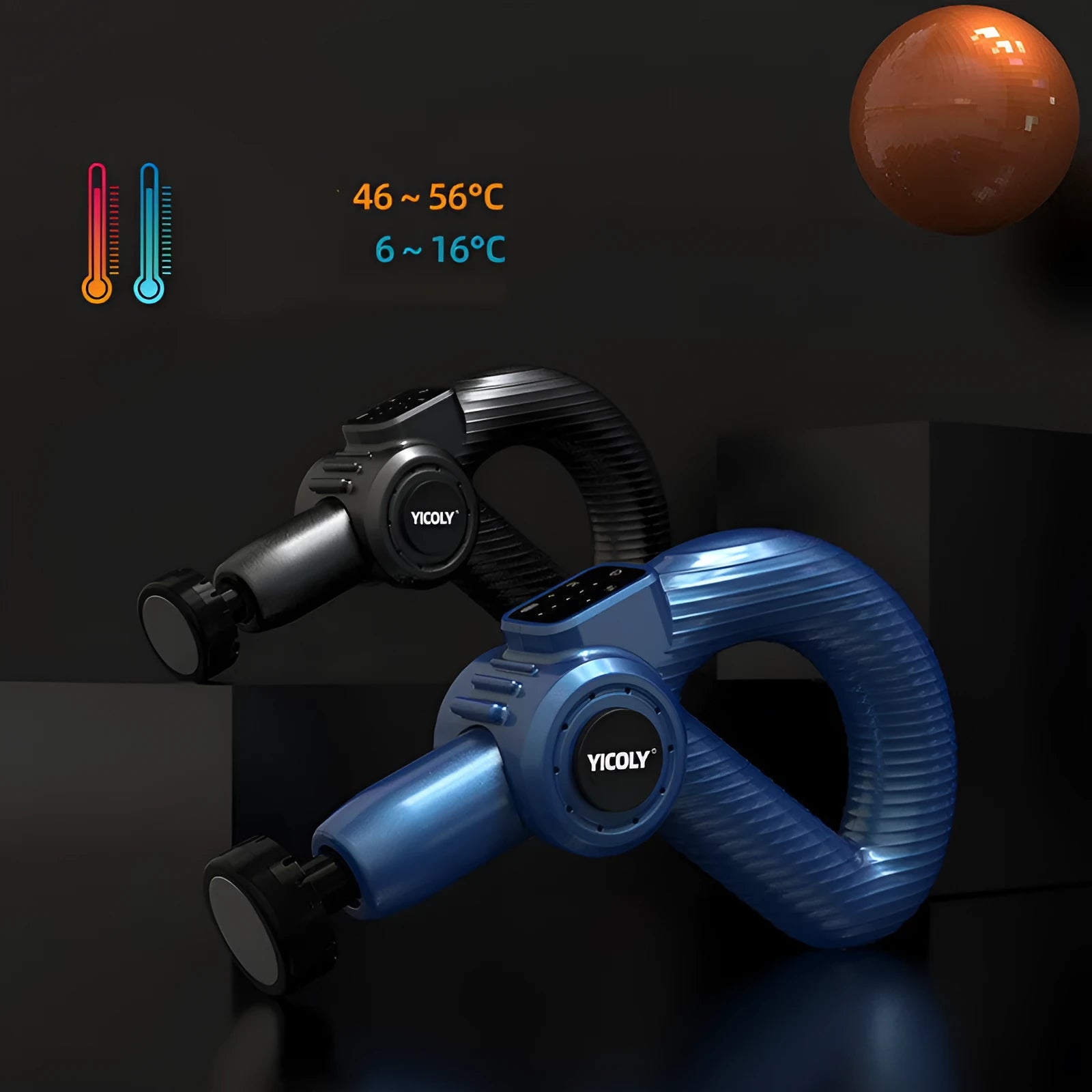Black intelligent muscle massage gun with multiple massage heads for hot and cold compress therapy
