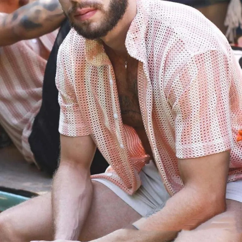 Men's pink waffle weave cardigan shirt with loose fit and short sleeves