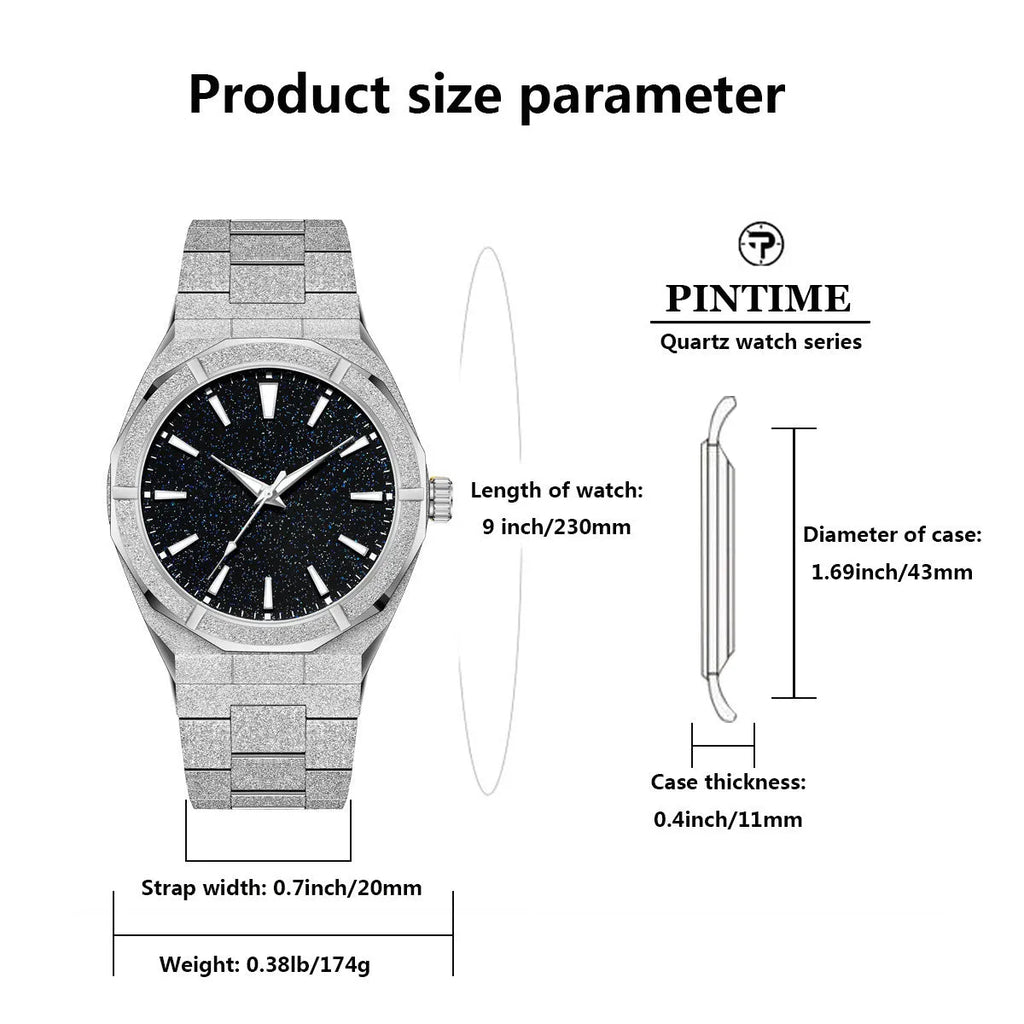 Men's business watch with frosted stainless steel case and luminous markers in silver colour