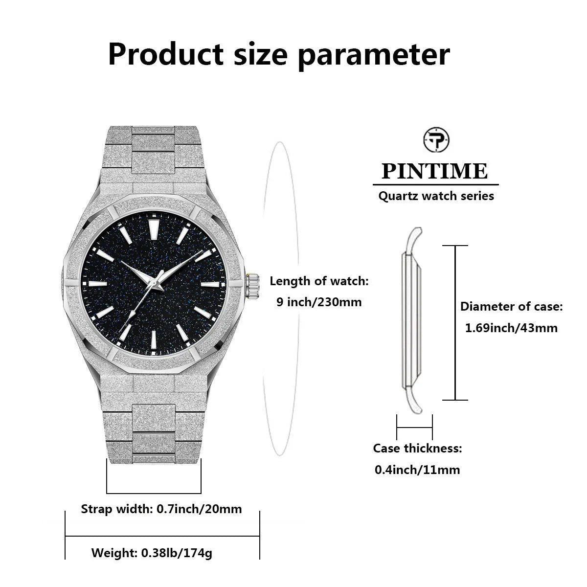 Men's business watch with frosted stainless steel case and luminous markers in silver colour