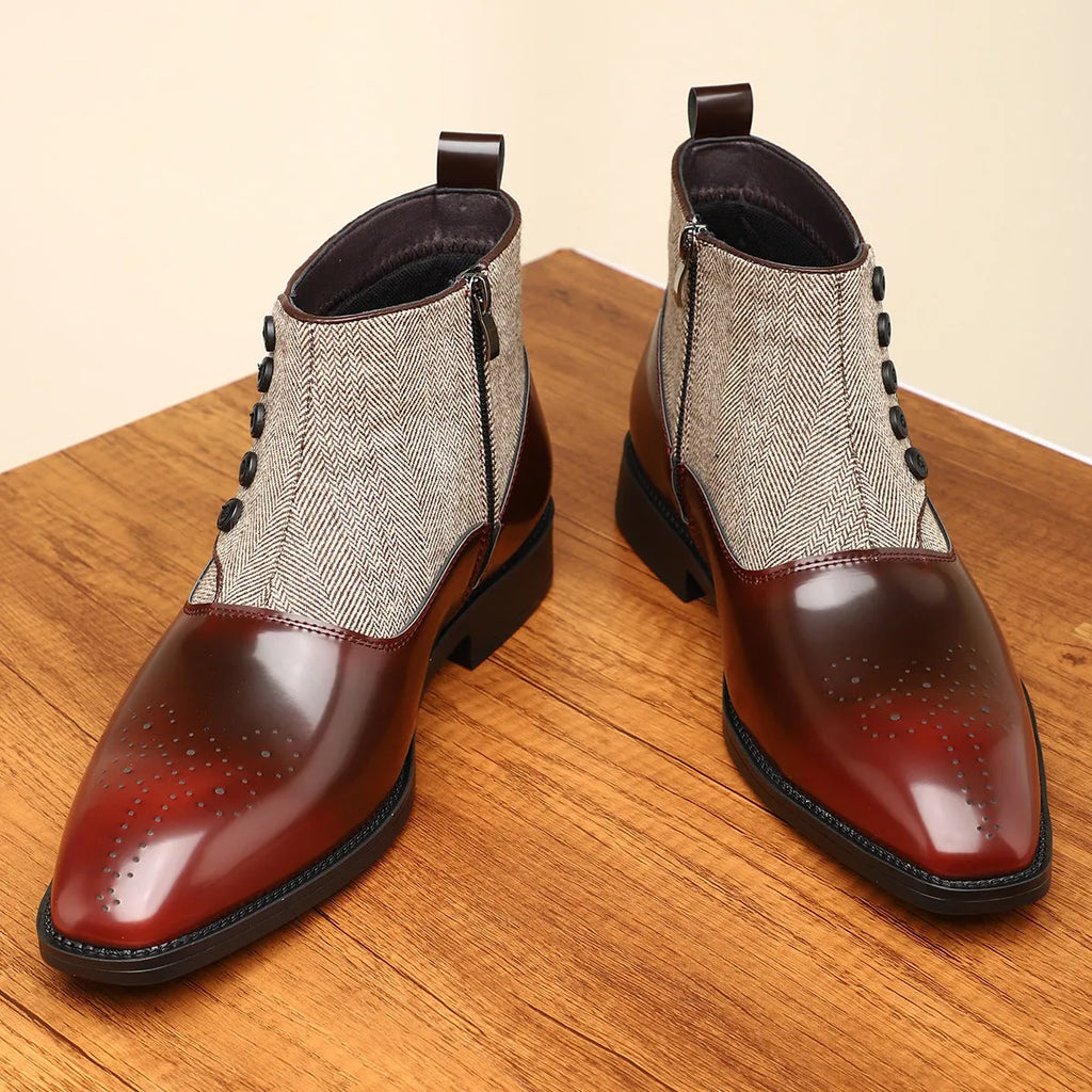 Brown and green men's retro formal shoes with square toe, side zip, and low square heel.