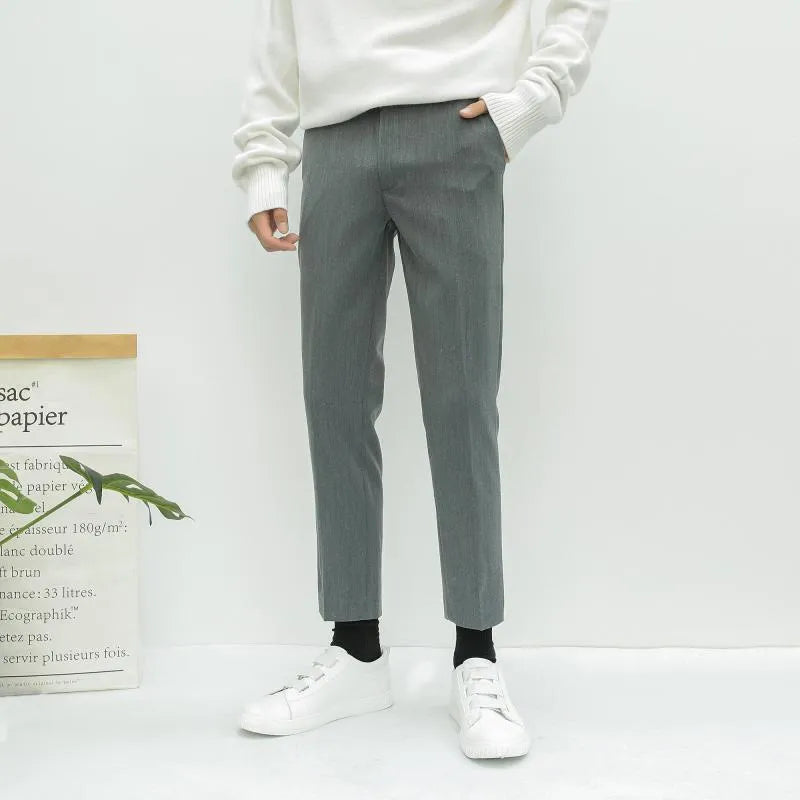 Men's Korean style straight-leg cotton trousers with drawstring waist in black grey khaki colours