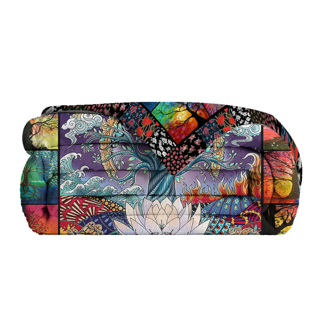 Multicolored flannel blanket with lotus tree print, soft velvet fabric, hemmed edges, available in 75x100cm 130x150cm 150x200cm