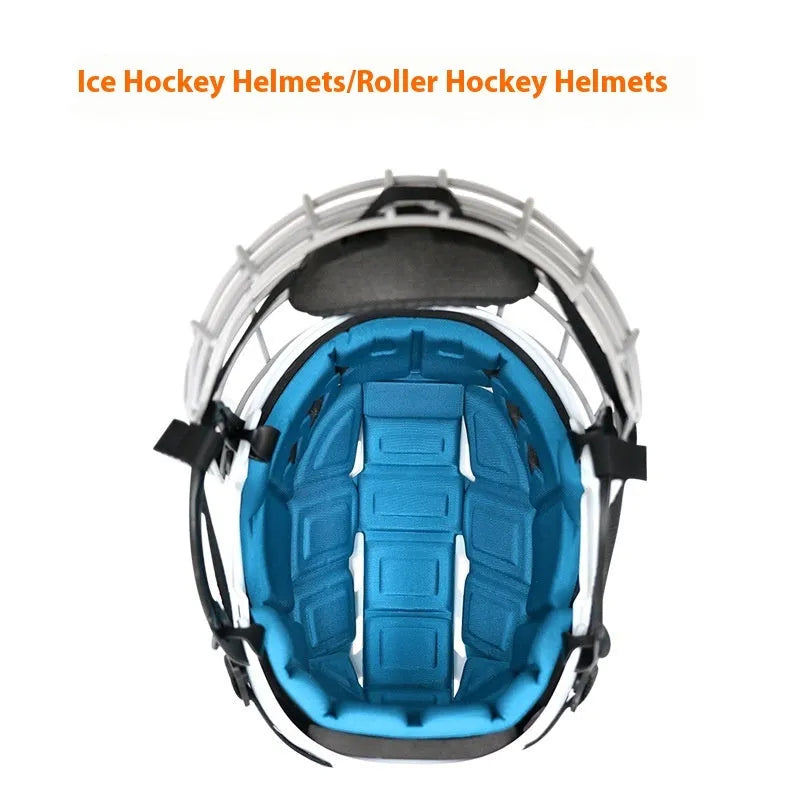 Ice hockey helmet with carbon steel face mask showing impact resistant PP shell and cushioned EVA lining.
