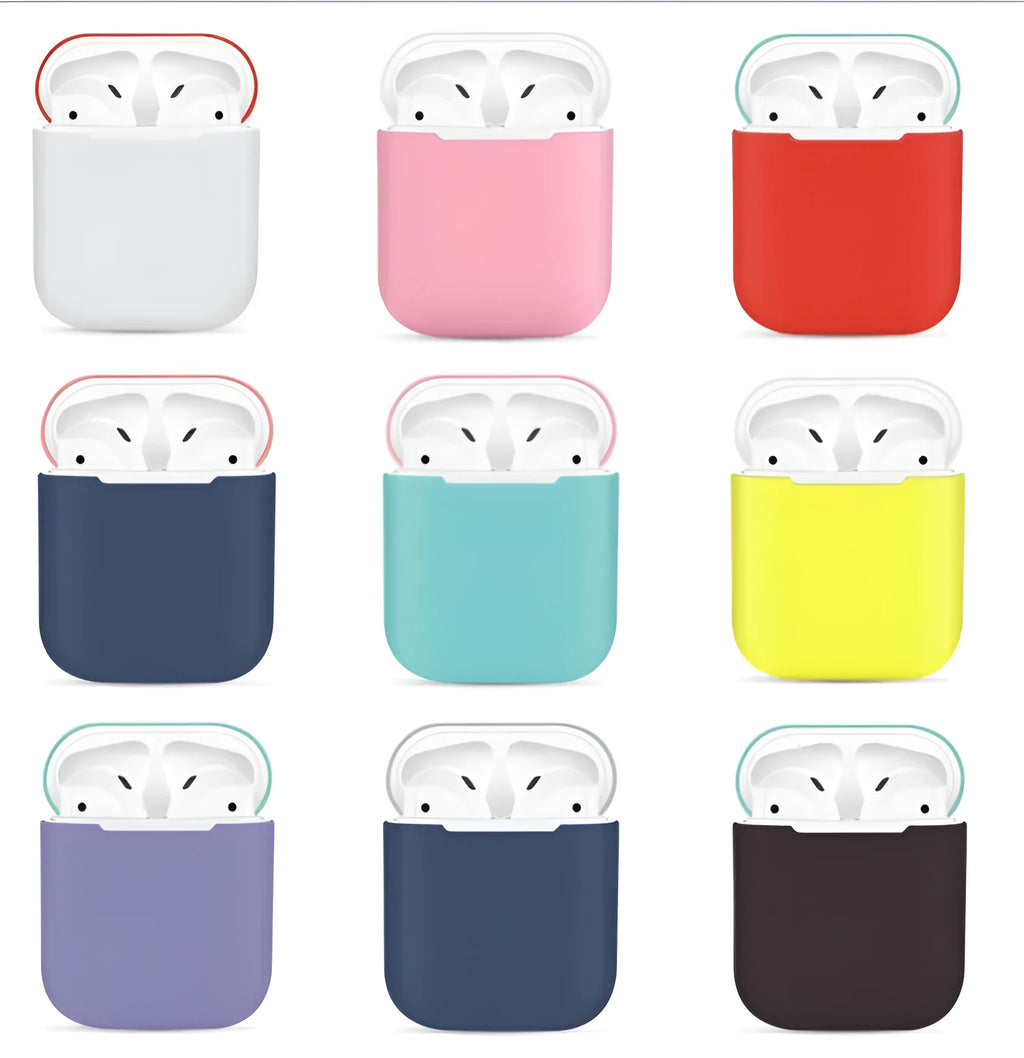 Split-shell silicone protective case for Apple AirPods charging box in a selection of colours on a plain background.