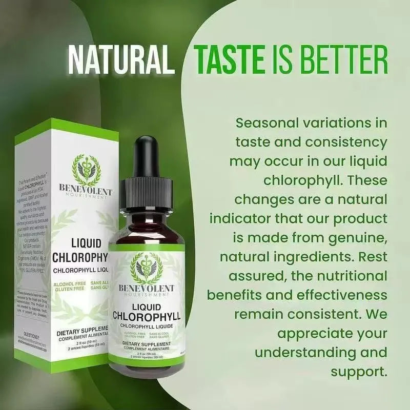 60 ml bottle of liquid chlorophyll drops with peppermint oil and a dropper for adult digestive support.