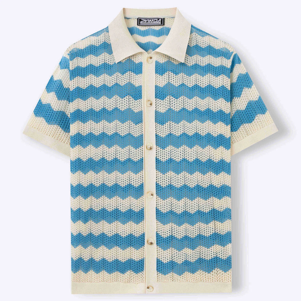 Yellow short sleeve sweater with a textured hollow jacquard corrugated pattern and flocking detail.