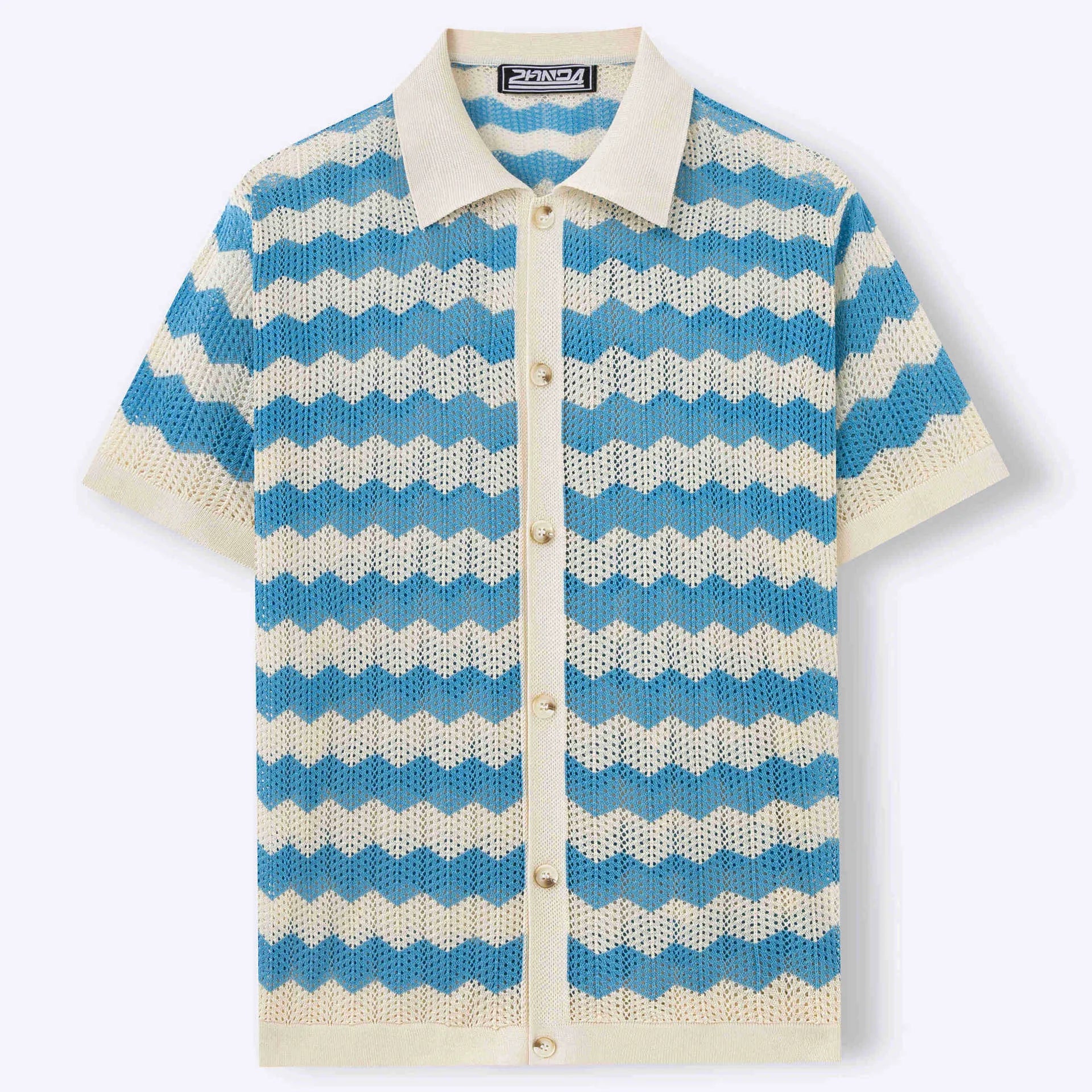 Yellow short sleeve sweater with a textured hollow jacquard corrugated pattern and flocking detail.