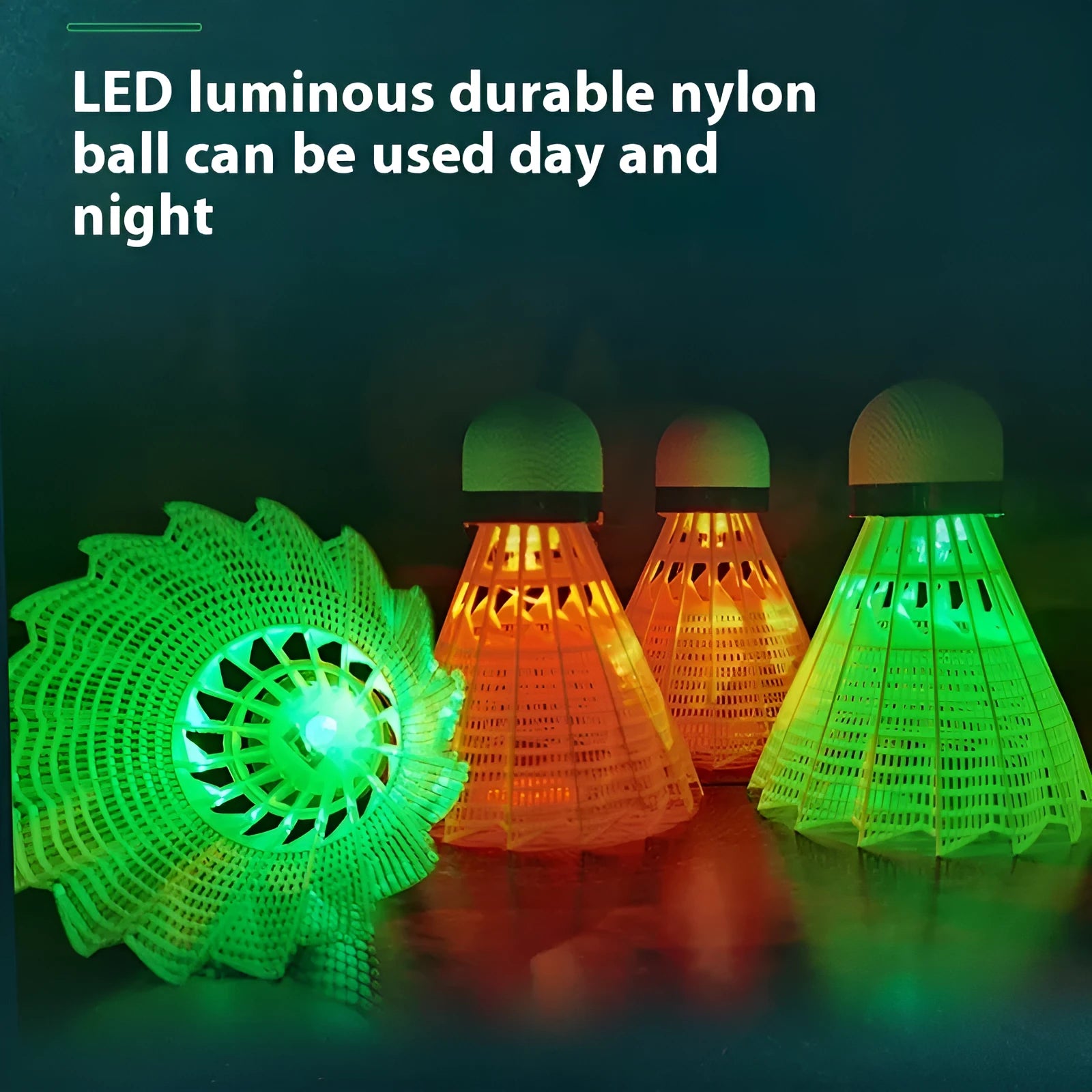 Luminous badminton shuttlecocks in green and red colours with nylon and goose feather options