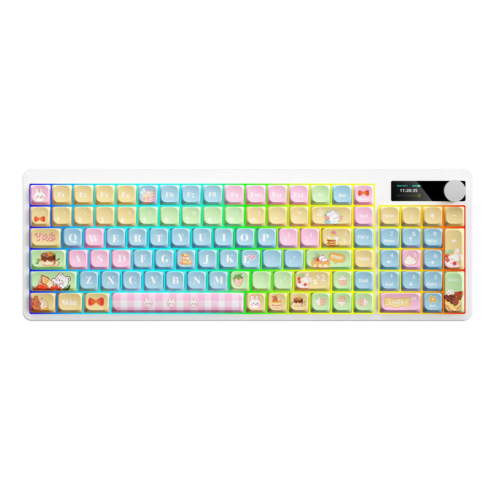 Black mechanical keyboard with RGB backlighting and sublimation keycaps next to laptop