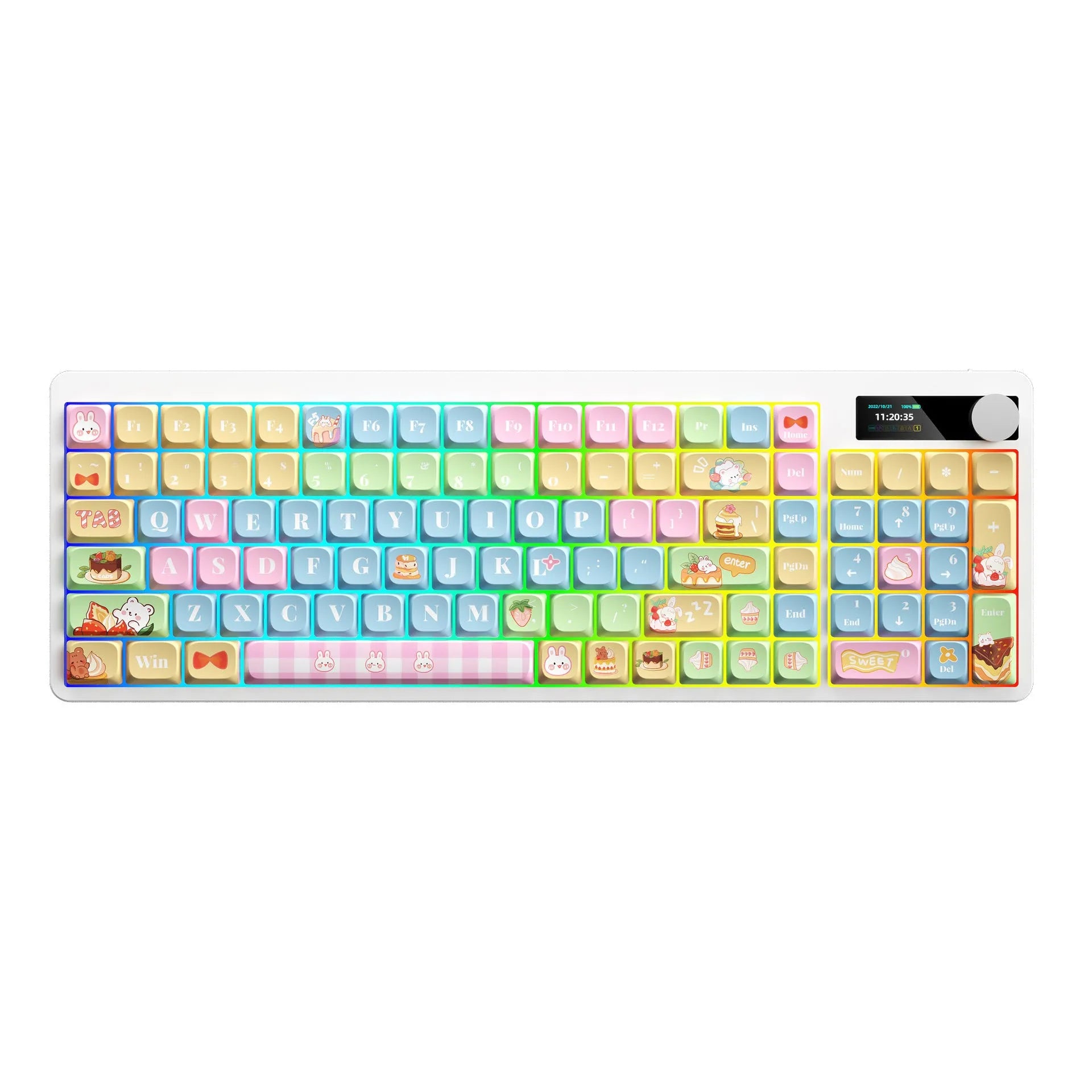 Black mechanical keyboard with RGB backlighting and sublimation keycaps next to laptop