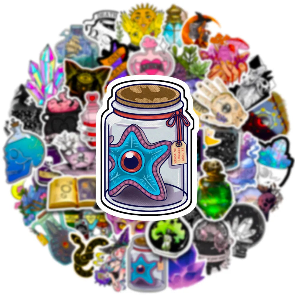 Pack of 50 colourful waterproof PVC stickers for luggage and scooter personalisation.