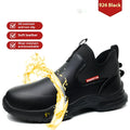 Men's black high-cut waterproof work shoes with microfiber leather uppers and anti-slip rubber soles