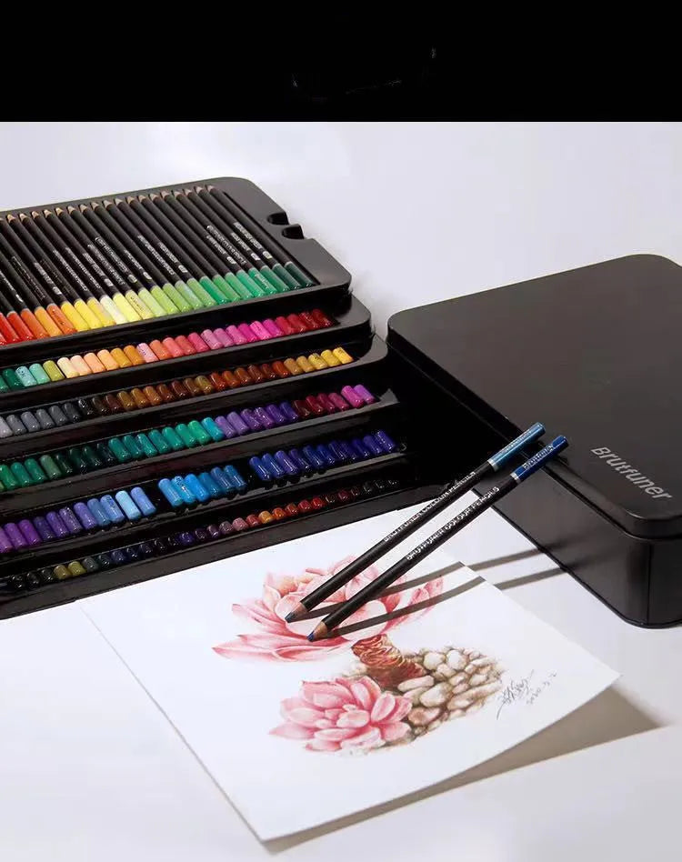 180-colour oily pencil set in rainbow assortment with wooden barrels and iron tin box