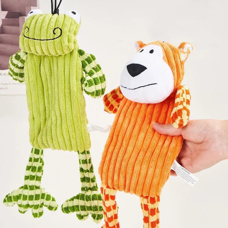 Immortal Squeaker plush dog toy for aggressive chewers in orange or green colour