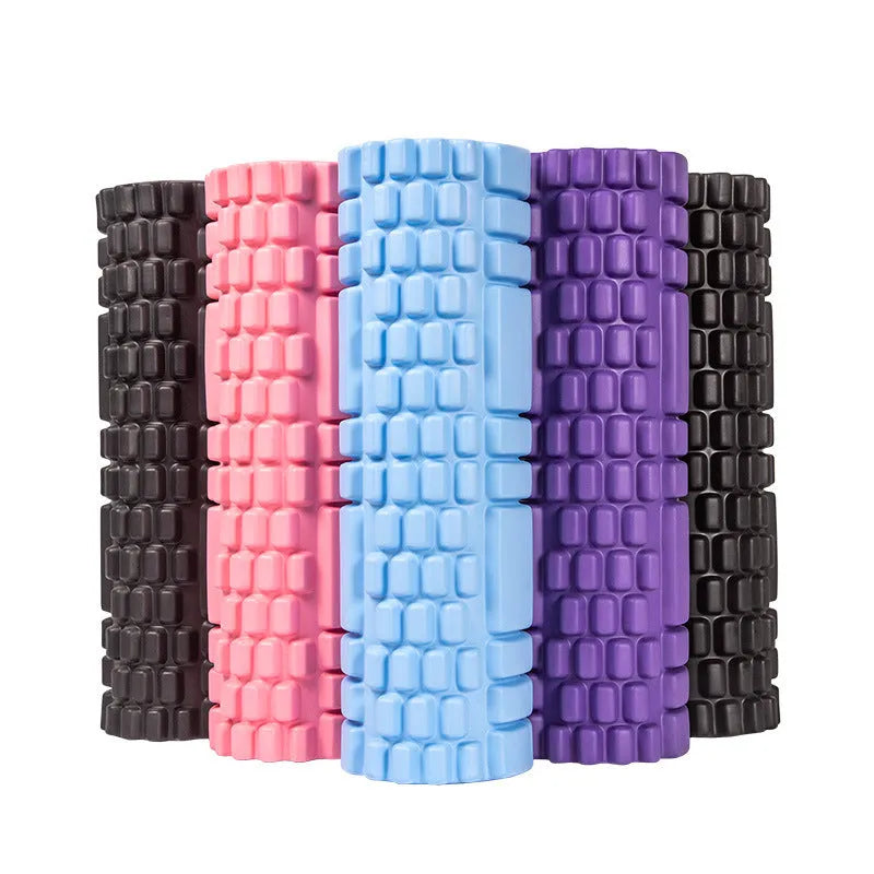 EVA foam roller fitness equipment in multiple sizes and colours including black, grey, pink, and sky blue options