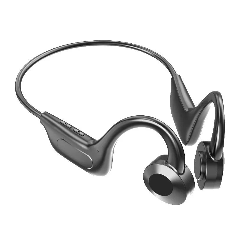 Black wireless Bluetooth earbuds with ear-hook design for sports and active use