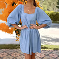 Children's solid colour pullover dress with square collar, puff sleeves, backless design, and A-line skirt.